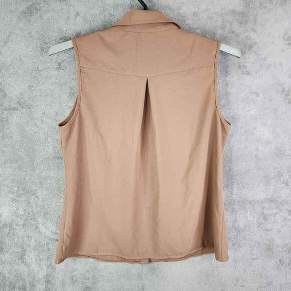 Women's Brown Shirt Top Button-Up Sleeveless 100% Polyester Pockets Size XL - Picture 9 of 10